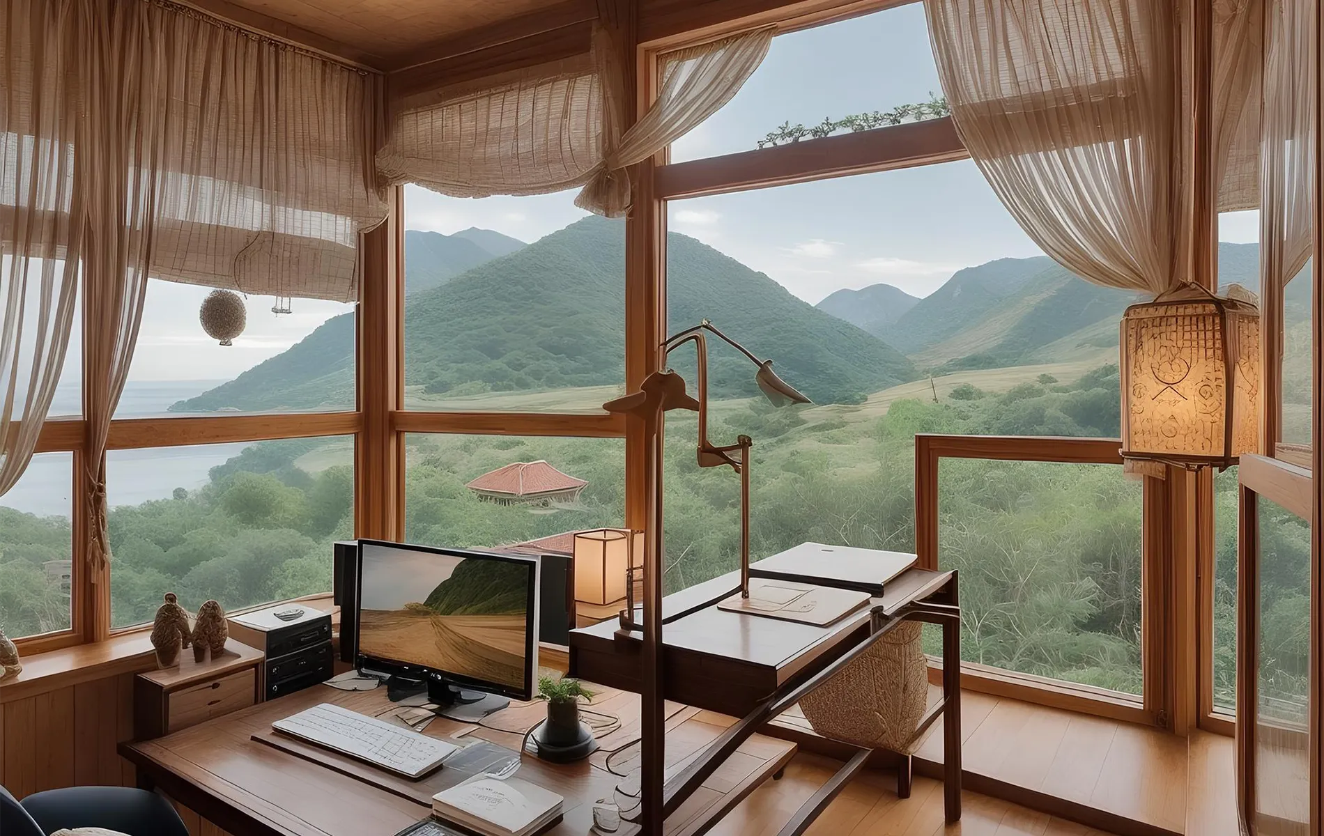tranquli and serene scane of a desk setup ,netural tonse and theme ,stunning view